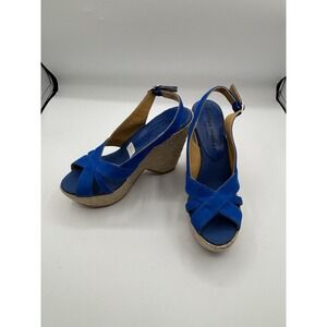 Bettye Muller Blue Suede Platform Wedge Canvas Sandals Sling‎ Back New 37 Spain